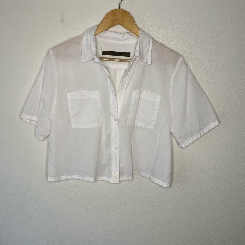 ENZA COSTA Short Sleeve Shirt Women 2 medium White Cropped Button Up Cotton